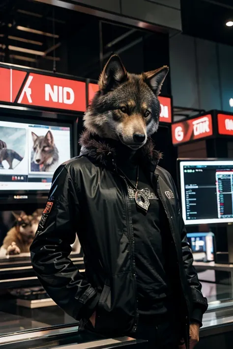 a wolf animal with doing trader, in the futuristic world