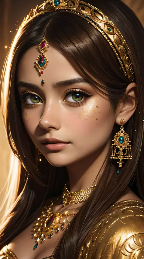 Beautiful portrait of an attractive inidan princess, Jenna Coleman, beautiful princess, round shaped face, glowing glass skin, sparkling hazel green eyes, highlighted chestnut brown long straight hair, adorned in intricate golden jewelry, confident half sm...