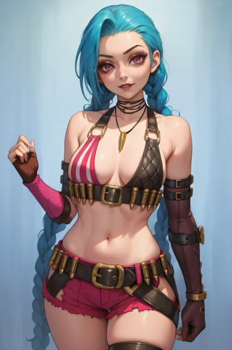 (masterpiece, best quality:1.2), intricate details, jinx (league of legends), 1girl, twin braids, single elbow glove, short shorts, bikini top only, necklace, belt, bullet, fingerless gloves