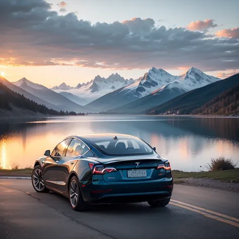 Tesla model 3 2020, blue color, mountain tops And a lake in the background, sunrise, professional photo.