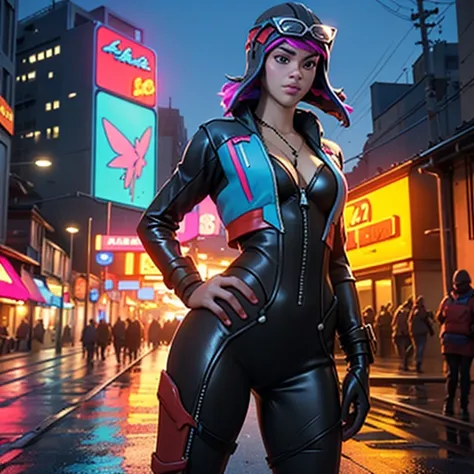 voroshilov, 1girl,solo,large breasts,(latex bodysuit),full-length zipper, partially unzipped, cleavage, collarbone, hand on hip, outdoors,cityscape, night,neon lights,