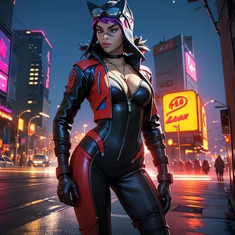 voroshilov, 1girl,solo,large breasts,(latex bodysuit),full-length zipper, partially unzipped, cleavage, collarbone, hand on hip, outdoors,cityscape, night,neon lights,