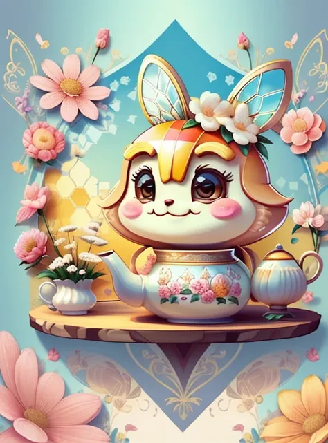 (cute bee smiling with tea pot and flowers) Munchkin ,Geometric multidimensional wall portrait, livro de arte, Tchibi,
Yang08k, Beautiful, Colouring,
Obras, of the highest quality, best quality, Arte Oficial, Beautiful and Aesthetic,