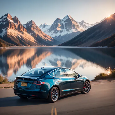 Tesla model 3 2020, blue color, mountain tops And a lake in the background, sunrise, professional photo.