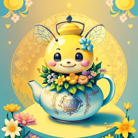 (cute yellow bee smiling with tea pot and flowers) Munchkin ,Geometric multidimensional wall portrait, livro de arte, Tchibi,
Yang08k, Beautiful, Colouring,
Obras, of the highest quality, best quality, Arte Oficial, Beautiful and Aesthetic,