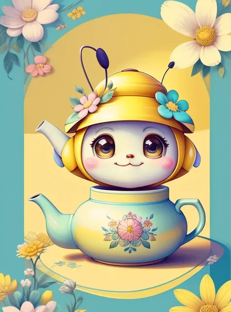 (cute yellow bee smiling with tea pot and flowers) Munchkin ,Geometric multidimensional wall portrait, livro de arte, Tchibi,
Yang08k, Beautiful, Colouring,
Obras, of the highest quality, best quality, Arte Oficial, Beautiful and Aesthetic,