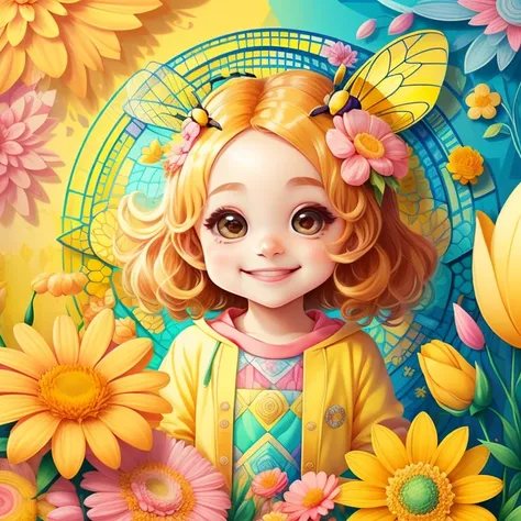 (cute yellow bee smiling with flowers) Munchkin ,Geometric multidimensional wall portrait, livro de arte, Tchibi,
Yang08k, Beautiful, Colouring,
Obras, of the highest quality, best quality, Arte Oficial, Beautiful and Aesthetic,