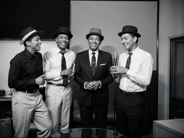 Please create an image of Frank Sinatra, Nat King Cole and Dean Martin, all dressed in shirts and tie, some of them wearing hats, laughing and chilling out together in the studio around a U47 Tube microphone. Make it photo realistic, photograph style, ((Bl...