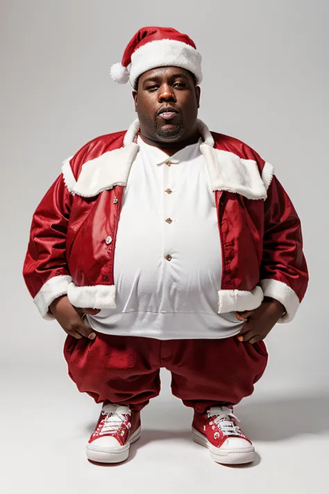 Notorious B.I.G Santa Claus stands in full height on a white background in red shoes