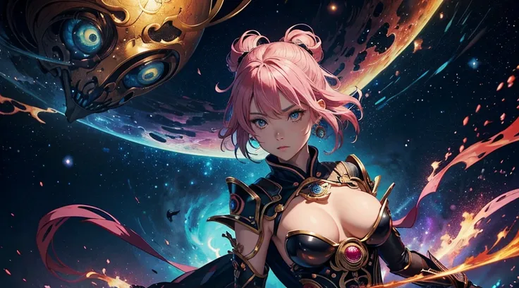 high quality, highly detailed face, gorgeous face, A female Samurai, pink hair, holding her Katana with her mechanical arm, looking at the viewer, her sword is dripping blood after the battle, fire flames and smoke at the background, ancient Japan blending...