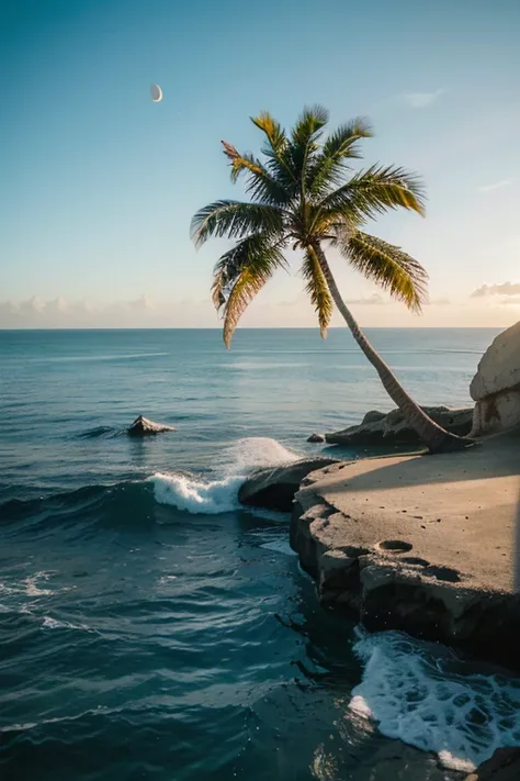 The edge of the sea and the half moon and a palm tree