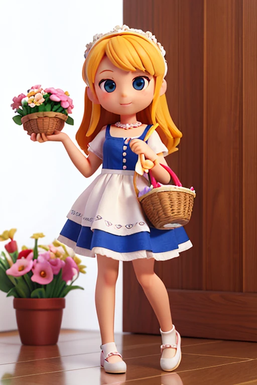 Woman holding flower basket,Art Toys,3D Models.White background,chibi,Full body