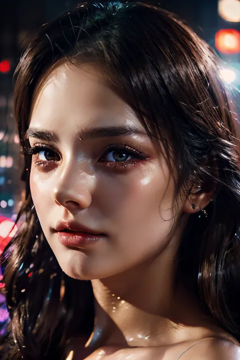 GORGEOUS WOMAN, BEAUTIFUL FACE, SUPER DETAILED, EYES IN TEARS, WITH ROSES, NEON LIGHTS, GLARE, GAUDY, GLARING, CHARMING, GLITTER SHIMMER SKIN, SCARS ON SKIN, DREAMY COSTUME, LONG HAIR, FANTASY, FANTASY DIGITAL ART BY WLOP,