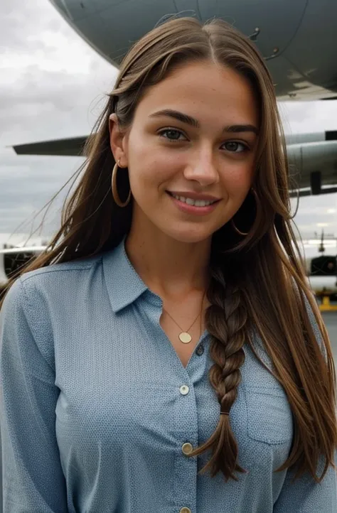 "Imagine a FULL PICTURE of a friendly 27-year-old American crypto trader. She has short,neatly plaited and braided brown hair, striking brown eyes, and a natural smiling and proffessional expression. THE PHOTO IS TAKEN IN FRONT A The Boeing 747-8. The imag...