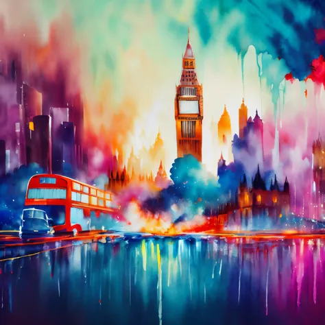 painting of  london skyline, detailed, make a focus point, wtrcolor style, paint dripping, intricate details,  spectacular, colo...