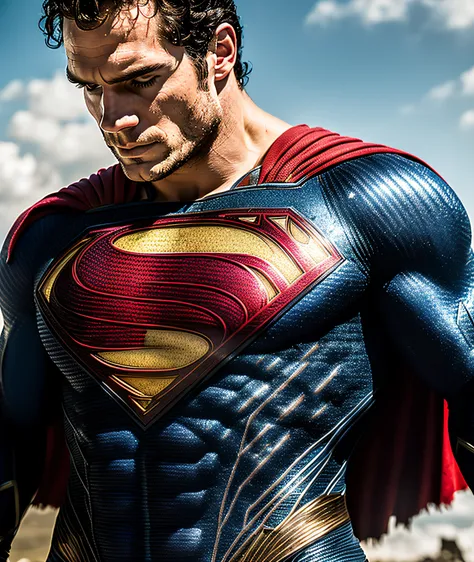 photo of henry cavill  superman , superhero, upper body,cinematic, movie, grain movie (2023s)1boy, building destroyed , realisti...