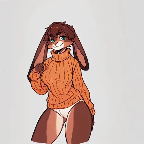 By bebebebebe, by lostgoose, by goonie-san, solo, female, standing, (((lop))), rabbit, smirking, looking at viewer, sweater, underwear