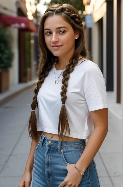 "Imagine a FULL PICTURE of a friendly 27-year-old American crypto trader. She has short,neatly plaited and braided brown hair, striking brown eyes, and a natural smiling and proffessional expression. THE PHOTO IS TAKEN IN THE STREETS OF CALIFORNIA. The ima...