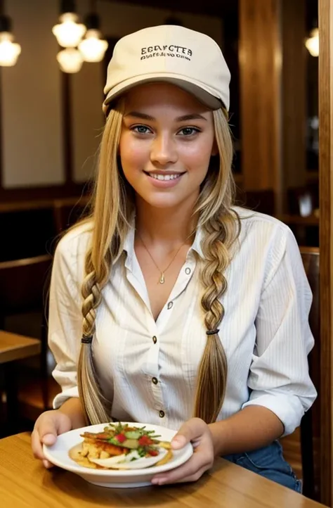 "Imagine a FULL PICTURE of a friendly 27-year-old American crypto trader. She has short,neatly plaited and braided BLONDE hair, striking brown eyes, WEARING A HAT and a natural smiling and proffessional expression. THE PHOTO IS TAKEN INSIDE A RESTAURANT WH...