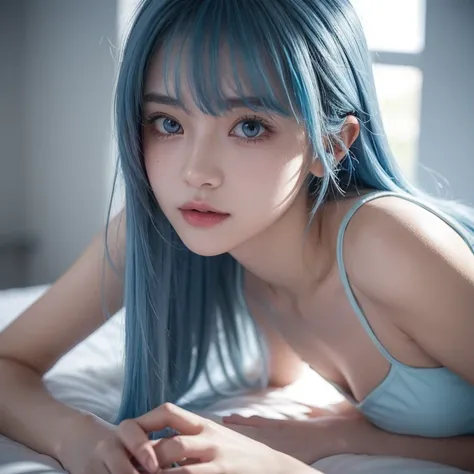 female student, Lie down in bed, looking at you, wear thin clothes, The kinky  exposed, Blue hair, lightblue hair, long whitr hair, crossed bangs, Hair over the shoulder, Hair flakes, hairflower, Moles under the eyes, eyeballs, Gradient eyes, Water-colored...