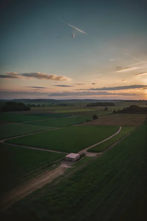 Create a rural place bathed in evening light, where the serenity of the landscape contrasts with the presence of satellites in the sky, symbolizing the integration of modern technology in a rural environment