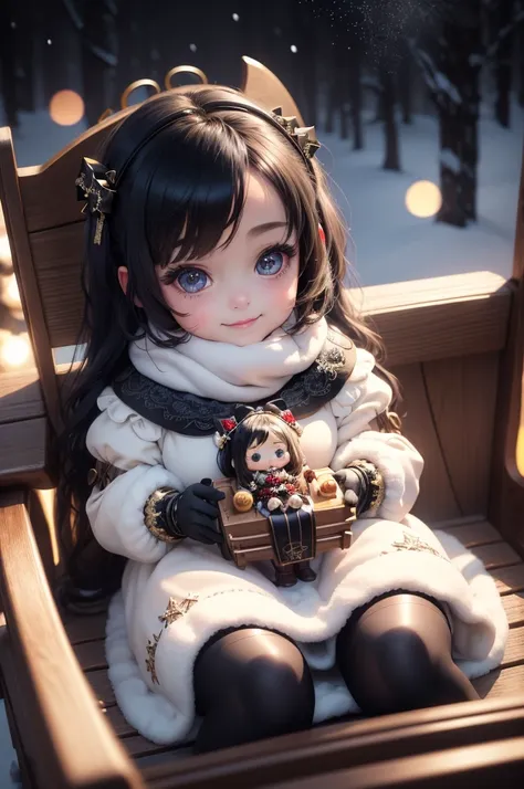 amasterpiece, best quality, 8k, cinematic light, ultra high res, chibi, a cute doll smiling sitting on a sleigh, black hair, chr...