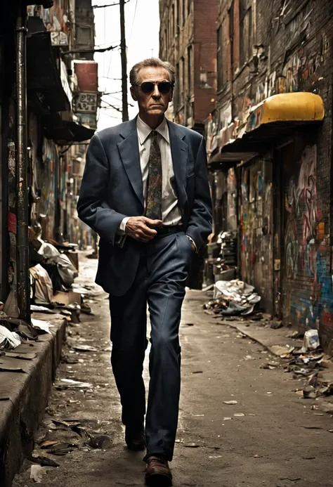 Visualize Jack, a middle-aged white man, making his way through an impoverished neighborhood street.
Jack is conspicuously overdressed in a formal suit, complete with a tie and sunglasses, as he walks along the worn sidewalks.
The neighborhood exudes pover...