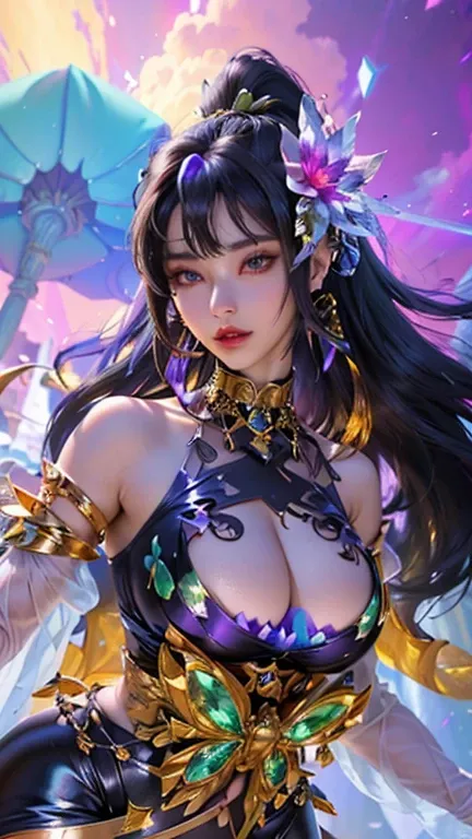 high detailed, 8k, highres, 1girl, jewelry, earrings, makeup, eyelashes, earrings, collarbone, collar, looking at viewer, (large breasts, thick thighs, thigh gap, wide hips, toned body),, ulzzang-6500, ultra realistic 8k cg, unparalleled masterpiece, absur...