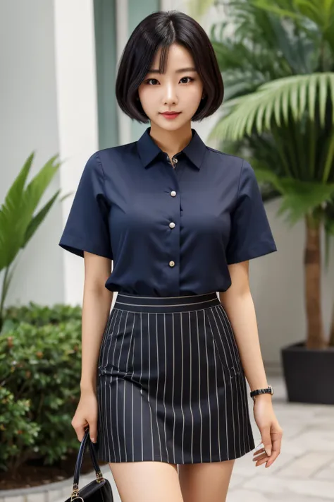 A single shy short slim black-bob Korean lady in a pinstriped blue professional blouse, and solid black skirt.