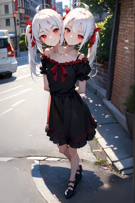 (2heads:1.6), masterpiece, absurdres, best quality, 1girl, solo, cute, (white hair:1.2), long twintails, red eyes, smile, half-c...