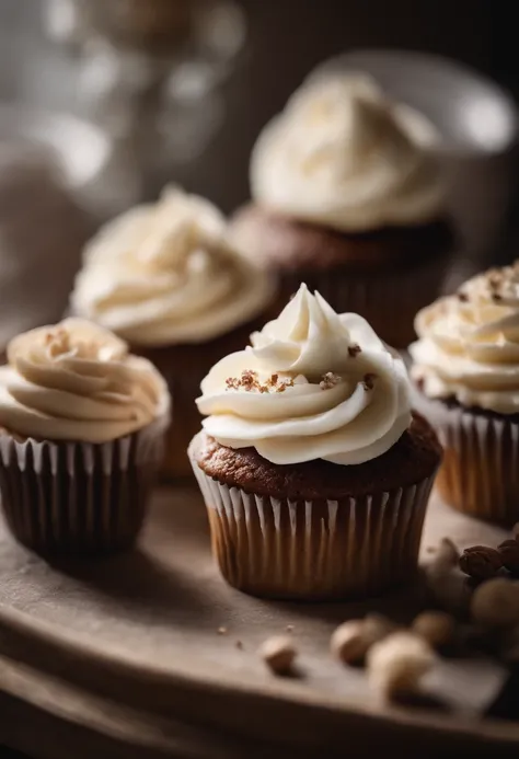 Capture a detail shot of a perfectly frosted cupcake, showcasing the intricate piping work and decorative elements that make it a visually appealing and sweet snack