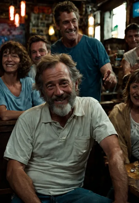 Visualize Jack, a middle-aged white man with a short beard, seated among the same group of friends inside the familiar gritty, low-income bar in the impoverished neighborhood.
Jack is dressed casually, wearing a white t-shirt and jeans, showing a noticeabl...