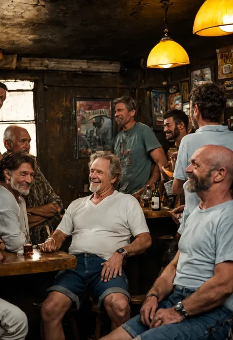 Visualize Jack, a middle-aged white man with a short beard, seated among the same group of friends inside the familiar gritty, low-income bar in the impoverished neighborhood.
Jack is dressed casually, wearing a white t-shirt and jeans, showing a noticeabl...