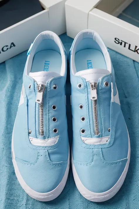 zipper on a white sneakers with sky blue