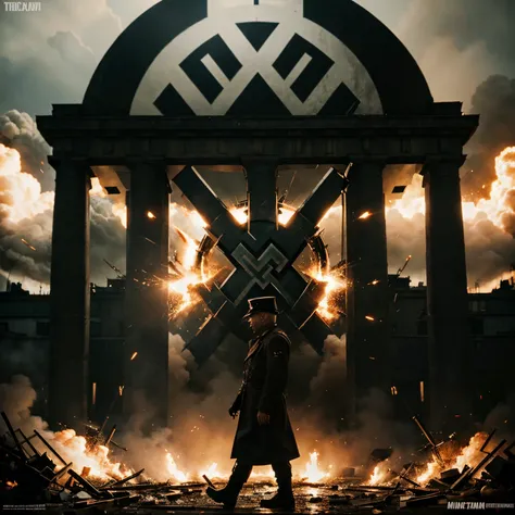 A ww2  movie poster with exploding bombs and Germany called hitlers revenge with nazi symbols