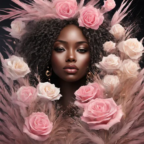 Beautiful girl, long hair, pink roses, pampas grass, abstract, floral, fantasy, beautiful, african style, realistic, black, white, golden fibers, drops, swirls, rhombuses, sparks, octane, brightly, a closeup of a