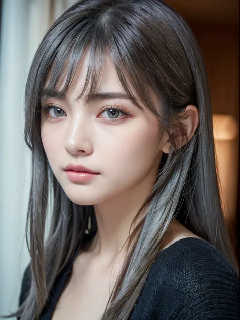 (masuter piece:1.3)、(8K、Photorealsitic、Raw photography、top-quality: 1.4)、(1girl in)、美丽的面容、(Lifelike face)、(Gray hair:1.5)、(Medium Hair)、Beautiful hairstyle、（One eye is hidden by bangs：1.5）、realisticeyes、Beautiful details、（real looking skin）、Beautiful skins...