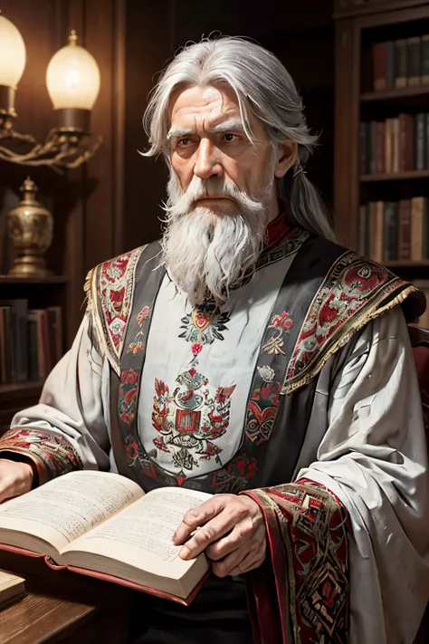 An ancient 300-year-old ancient Russian elder chronicler stands tall, with long gray hair in a long painted shirt with Russian red ornaments on the edges of the sleeves, with an old huge book pressed to his chest with both hands, a little owl sits on your ...