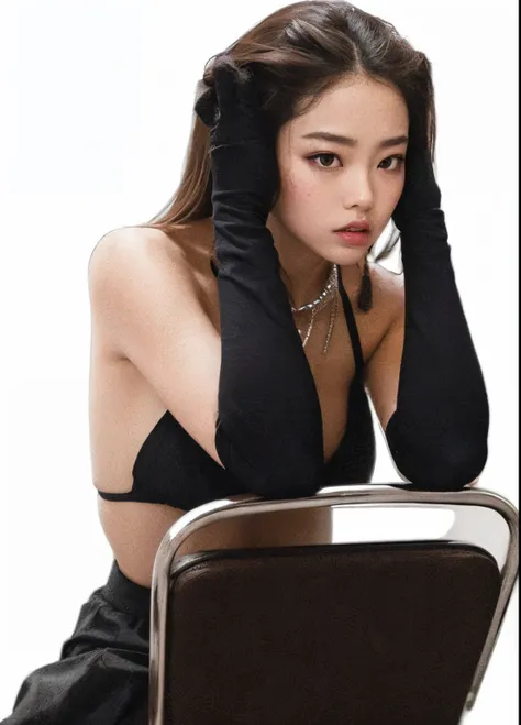 mujer araffe sentada en una silla con las manos en la cabeza, Blackpink Jennie, Guantes negros, aesthetic!!!!!! Genio femenino, JIA, dilraba dilmurat, Pose atractiva, Gongbi, Brazos alargados, pose sexy, pose distorsionada, Chica coreana, Guantes largos bl...