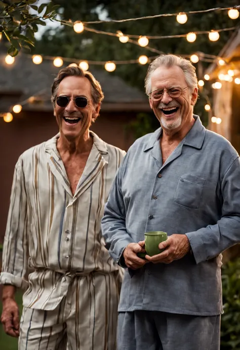 Visualize Jack, a middle-aged white man, now in comfortable pajamas, standing in his backyard with his neighbor, who is also dressed in casual sleepwear.
The atmosphere is relaxed, with a warm evening breeze and soft lighting from string lights hung around...