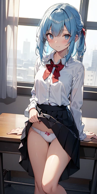 Best Quality,masutepiece,fullnude，look down on, Upper body,lightblue hair，Strands of hair,Fair skin,‎Classroom，tiny chest、Take off your uniform, Bow, Red bow, Long sleeves, Shirt, Collared shirt, White shirt, Skirt, Pleated skirt, Black skirt, tiny chest、l...