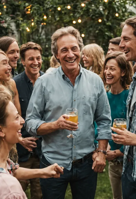 Visualize Jack, the same middle-aged white man, now in a more casual outfit, mingling with a group of close friends in a backyard.
The atmosphere is vibrant, with string lights, music, and a lively crowd.
Jacks friends, both boys and girls, surround him, s...