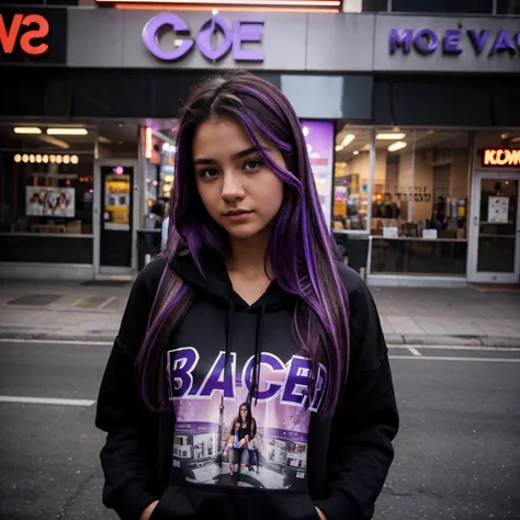 Movie poster girl named Elyana 15 years old wearing black hoodie and had purple highlights