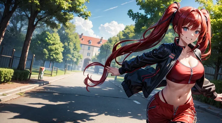 1girl, solo, full body, summer, village, trees, long hair, red hair, curly hair, twintail, large breasts, black and red sport bra, belly, dark blue eyes, ((opened brown zipper jacket)), pants, grin, looking at the viewer, running, hair ribbon