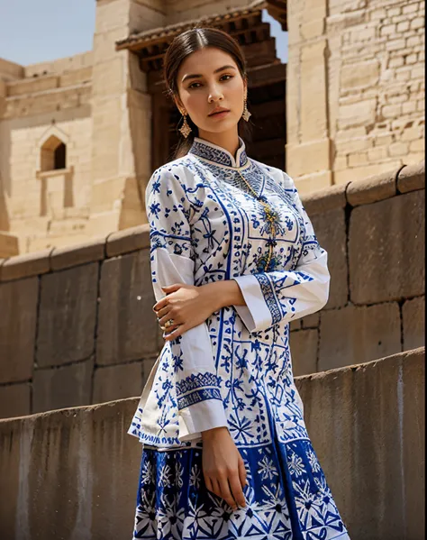 Elevate your style with a dress that combines the modernity of high fashion with the rich history of the Ark Fortress in Bukhara. Opt for a hyperrealistic rendering and choose a material adorned with traditional patterns or artistic drawings.