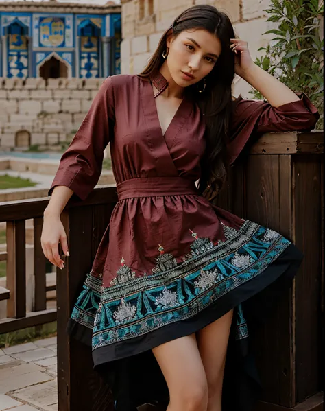 Elevate your style with a dress that combines the modernity of high fashion with the rich history of the Ark Fortress in Bukhara. Opt for a hyperrealistic rendering and choose a material adorned with traditional patterns or artistic drawings.