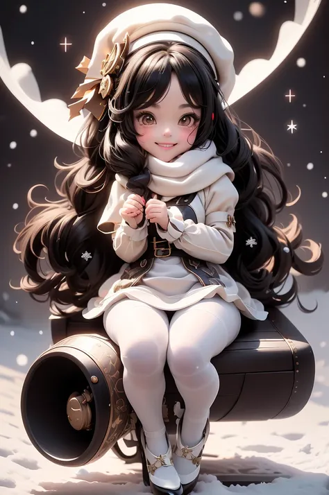 amasterpiece, best quality, 8k, cinematic light, ultra high res, chibi, a cute girl smiling sitting on a sleigh, black hair, christmas steampunk dress, christmas hair bows, (((white pantyhose))), (black pumps), magical night, winter night, magical sparks f...