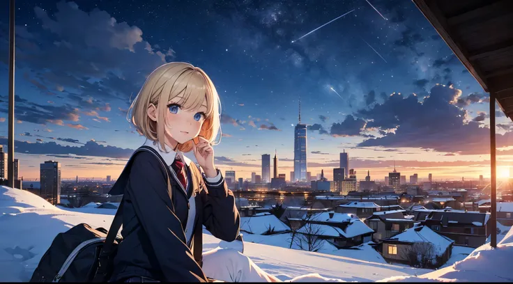 masutepiece,8K,octans, Skysky, stele(Skysky), landscapes, starrysky, natta, 1girl in, nigh sky, report, plein air, built, ​​clouds, milkyway, sitting on, 城市, silhuette, Cityscape,(Short, Low twin-tailed blonde hair:1.2),(Deep Blue Eyes:1.3),(winter school ...