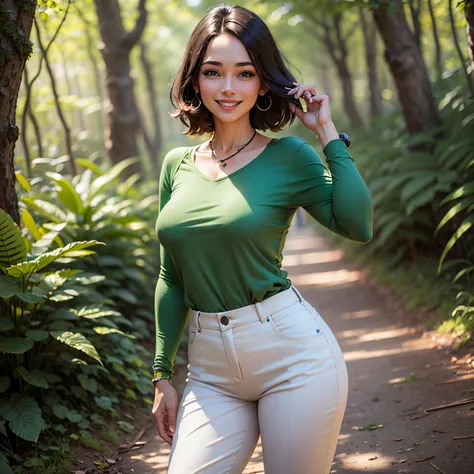 mulher de 35 anos, em meio a um caminho na floresta, hands in a pocket, sorrindo, blusa verde, white pant, pernas cruzadas, standingn, sozinha, pose, 8k, hd --auto --s2