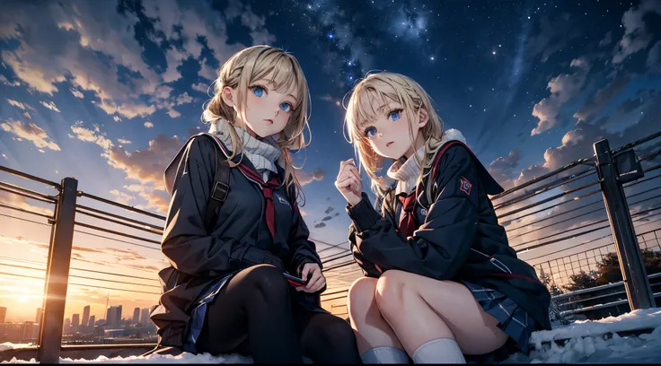 masutepiece,8K,octans, Skysky, stele(Skysky), landscapes, starrysky, natta, 1girl in, nigh sky, report, plein air, built, ​​clouds, milkyway, sitting on, 城市, silhuette, Cityscape,(Short, Low twin-tailed blonde hair:1.2),(Deep Blue Eyes:1.3),(winter school ...